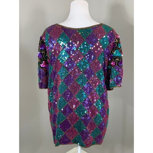Vintage Harlequin Sequin Top Evening Cocktail Holiday Party Christmas Wedding - Picture 3 of 12